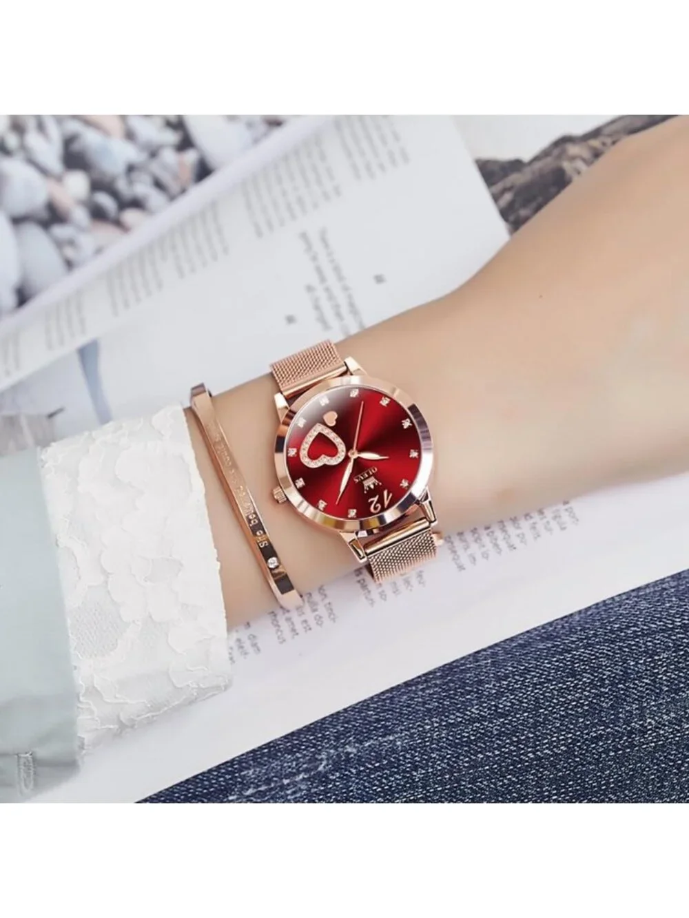 Women's Red Mesh Strap Fashion Dress Hearts Quartz Bracelet Sets Ladies Watch